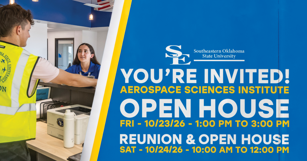 Promotional graphic for Southeastern Oklahoma State University’s Aerospace Sciences Institute open house, showing two people at an information counter beside event details.