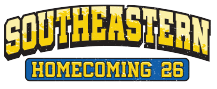 Southeastern Homecoming 26 logo with arched yellow lettering and a blue banner.