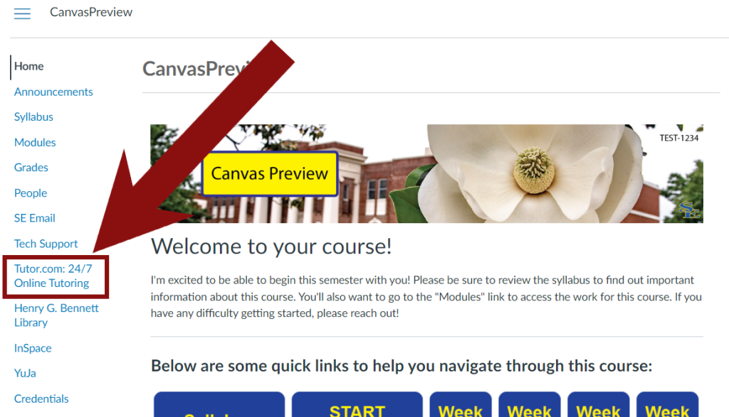 Canvas course view of the left-hand menu with an arrow pointing to "Tutor.com: 24/7 Online Tutoring" link