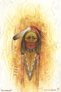 A stylized Native American figure wearing traditional attire and feathers against a warm yellow and brown background with etched symbols.