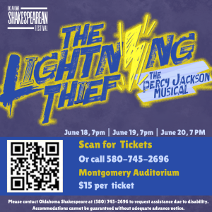 Poster for "The Lightning Thief: The Percy Jackson Musical" by the Oklahoma Shakespearean Festival, with event details and a QR code