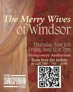 Poster for "The Merry Wives of Windsor" show with event details, featuring a golden curtain and a QR code