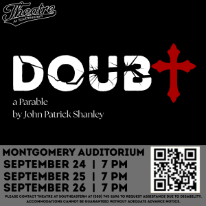 Poster for Doubt: A Parable by John Patrick Shanley at Montgomery Auditorium, September 24–26 at 7 p.m., with a QR code.