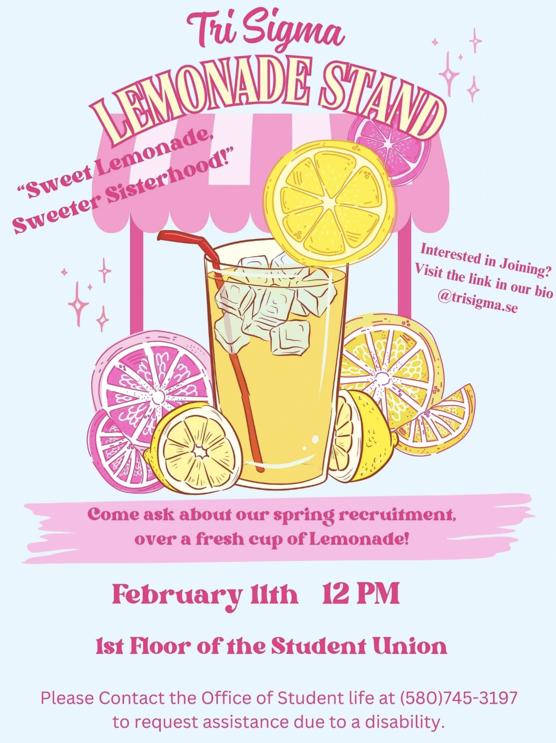 A graphic poster for a Tri Sigma Lemonade Stand Recruitment event
