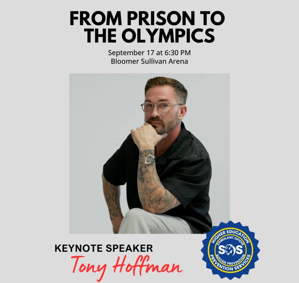 A photo of inspirational speaker Tony Hoffman with information on his speaking engagement at 6:30 pm on September 17