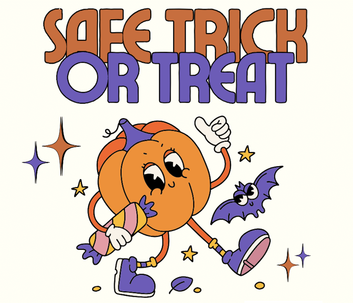 A cartoon pumpkin with the words Safe Trick or Treat