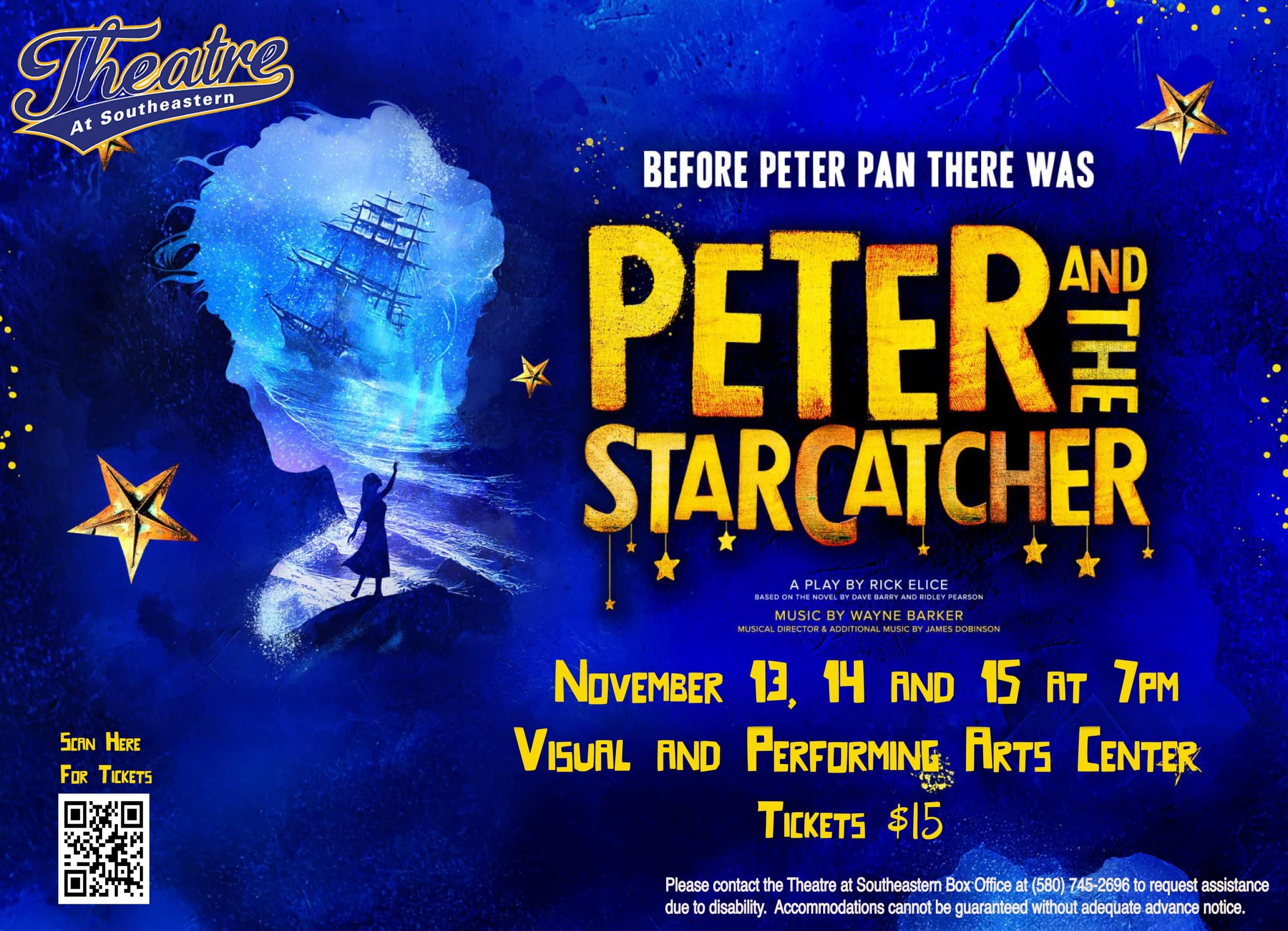 A graphic detailing the dates and times for Southeastern Theatre's 2025 production of Peter and the Starcatcher