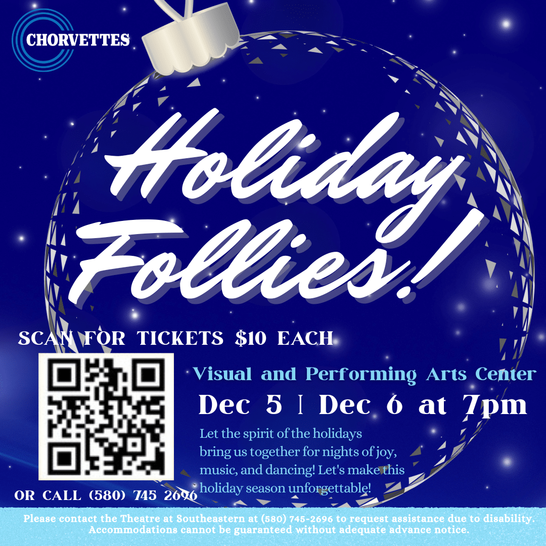 Holiday Follies over a blue Christmas ornament with dates and times for a concert