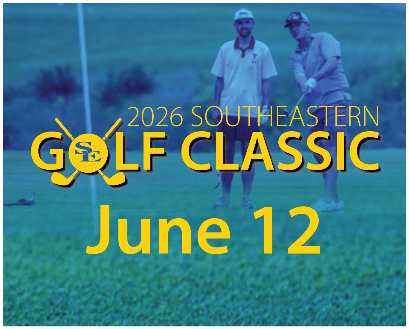 Two golfers on a course with "2026 Southeastern Golf Classic, June 12" text overlay.