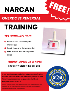 Poster announcing free Narcan overdose reversal training with date and location details.