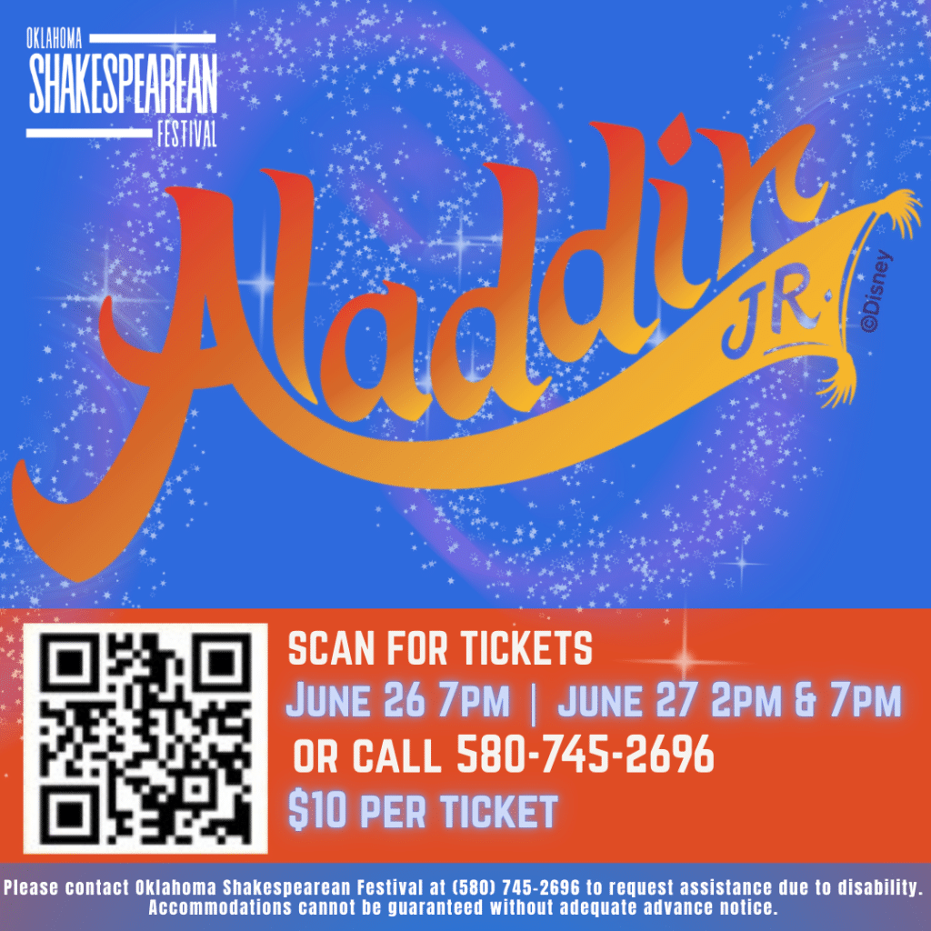 Poster for "Aladdin Jr." showing the title with sparkles and event details from the Oklahoma Shakespearean Festival