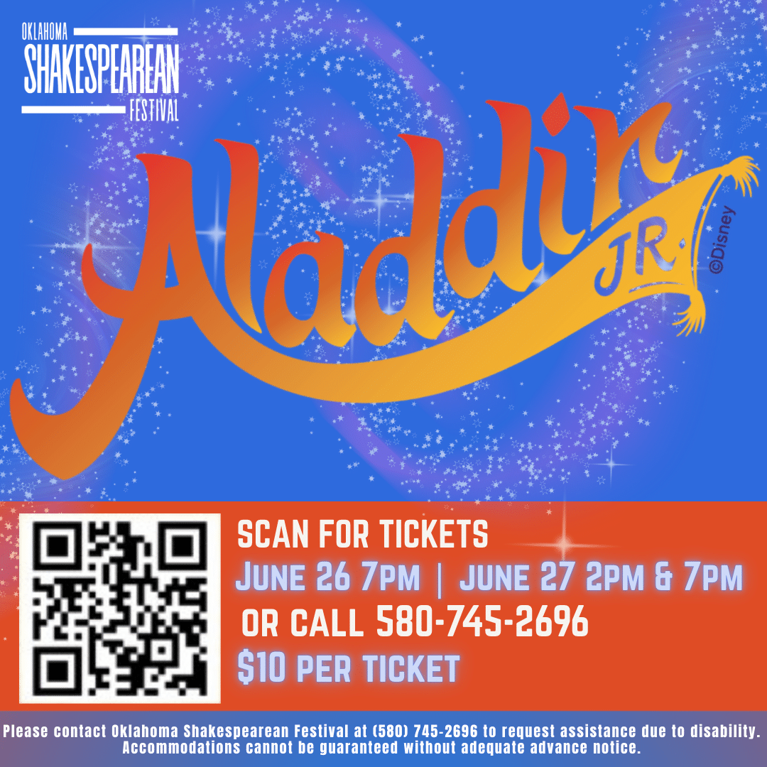 Poster for "Aladdin Jr." showing the title with sparkles and event details from the Oklahoma Shakespearean Festival